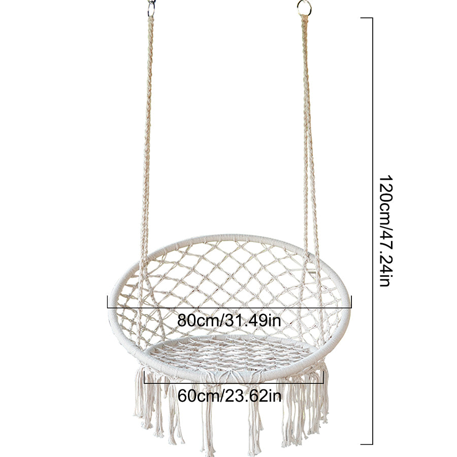 A swing chair in a Bohemian style with fringed design is foldable. Suitable for the garden. Outdoor use for gardens
