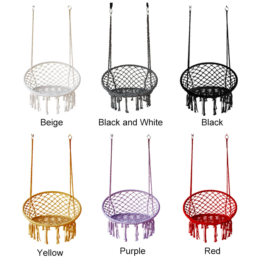 A swing chair in a Bohemian style with fringed design is foldable. Suitable for the garden. Outdoor use for gardens