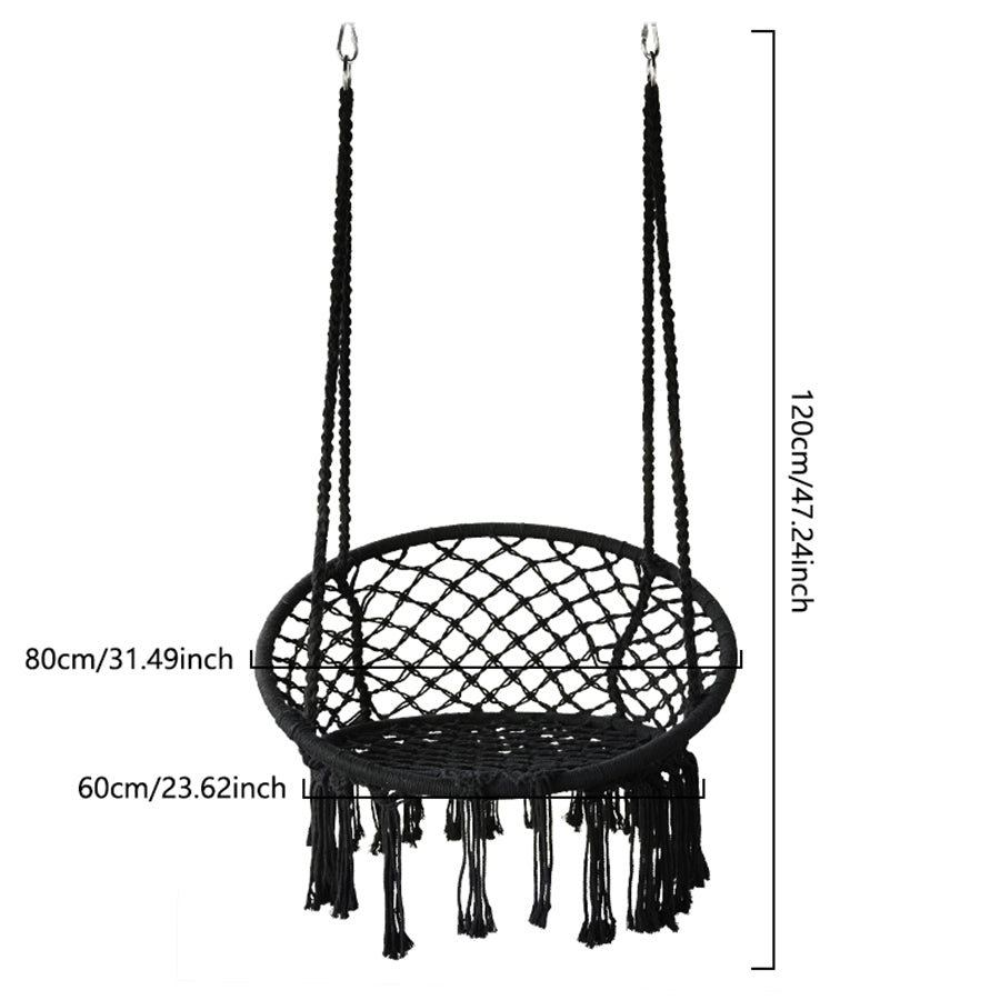 A swing chair in a Bohemian style with fringed design is foldable. Suitable for the garden. Outdoor use for gardens